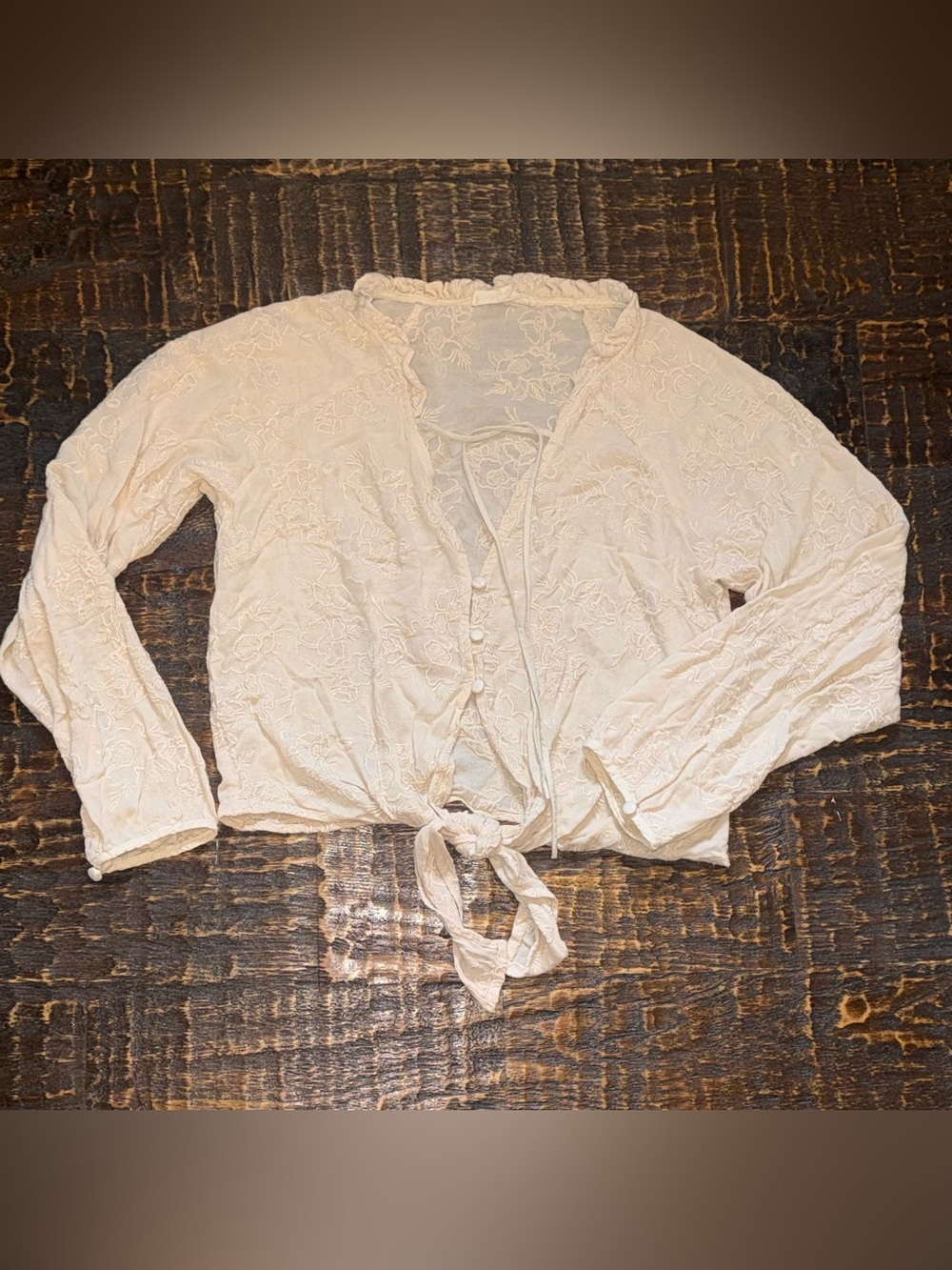 Olivaceous Boho Romantic Embroidered Floral Cream Button Front Tie Crop Blouse